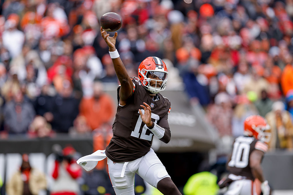 CLEVELAND, OHIO - NOVEMBER 30: Shedeur Sanders #12 of the Cleveland Browns throws a pass during the first quarter of the NFL 2025 game against the San Francisco 49ers at Huntington Bank Field on November 30, 2025 in Cleveland, Ohio. (Photo by Lauren Leigh Bacho/Getty Images)