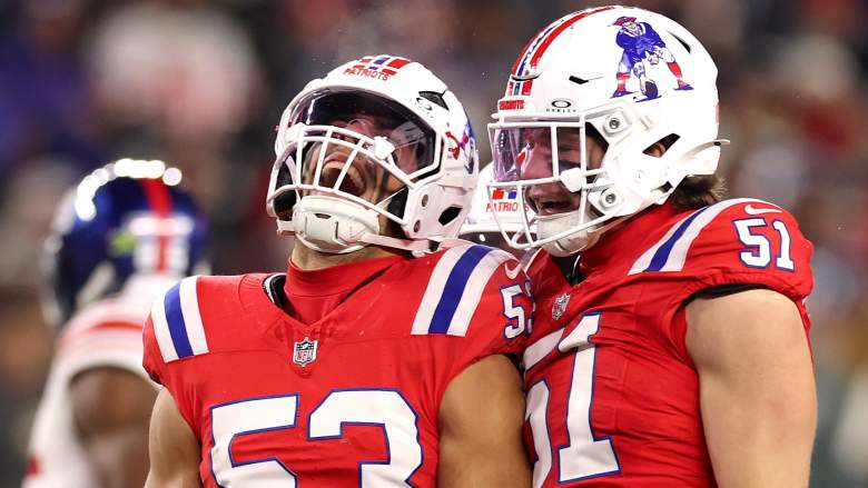 FOXBOROUGH, MASSACHUSETTS - DECEMBER 01: Christian Elliss #53 of the New England Patriots celebrates with Jack Gibbens #51 after a stop during the second quarter of the game against the New York Giants at Gillette Stadium on December 01, 2025 in Foxborough, Massachusetts. (Photo by Maddie Meyer/Getty Images)