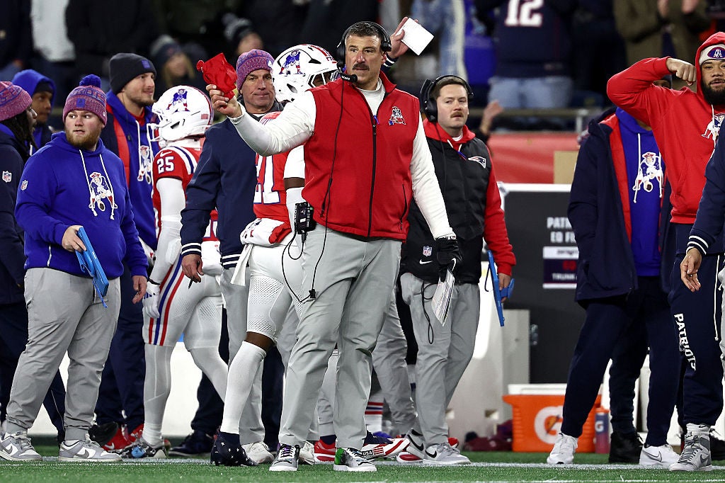 FOXBOROUGH, MASSACHUSETTS - DECEMBER 01: Head coach Mike Vrabel of the New England Patriots throws the challenge flag during the second quarter of the game against the New York Giants at Gillette Stadium on December 01, 2025 in Foxborough, Massachusetts. (Photo by Winslow Townson/Getty Images)