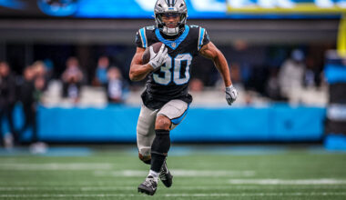 CHARLOTTE, NORTH CAROLINA - NOVEMBER 30: Chuba Hubbard #30 of the Carolina Panthers runs the ball during the first half of an NFL game against the Los Angeles Rams at Bank of America Stadium on November 30, 2025 in Charlotte, North Carolina. (Photo by David Jensen/Getty Images)