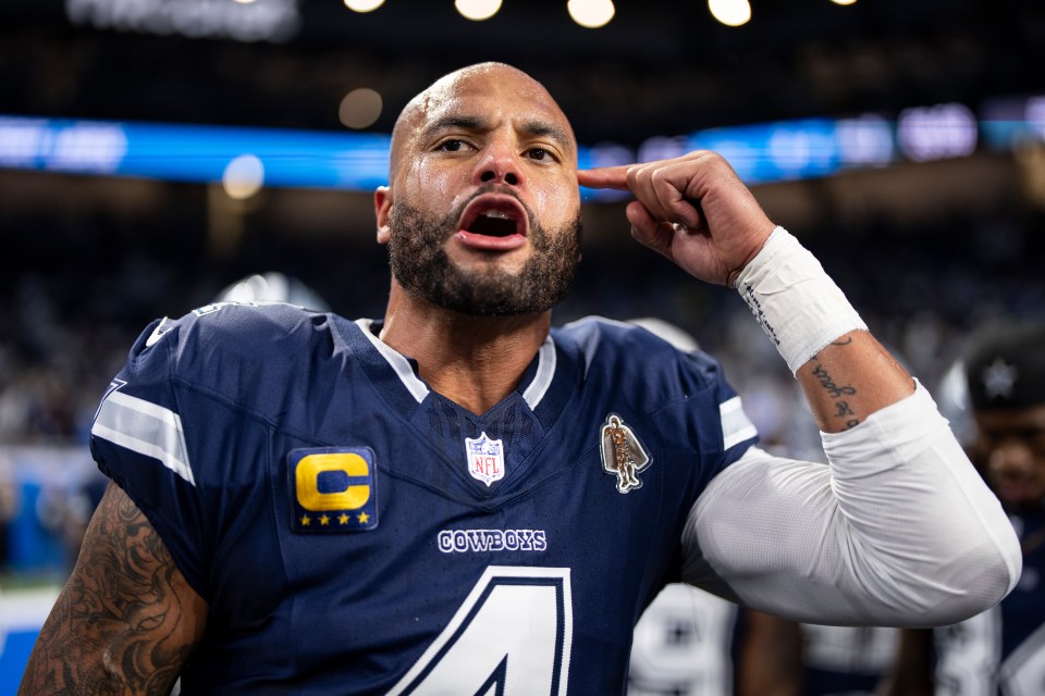 Dak Prescott #4 of the Dallas Cowboys reacts as he leads a huddle prior to an NFL football game against the Detroit Lions at Ford Field on December 04, 2025 in Detroit, Michigan.