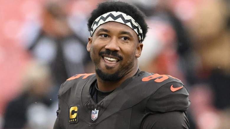 CLEVELAND, OHIO - DECEMBER 07: Myles Garrett #95 of the Cleveland Browns warms up prior to a game against the Tennessee Titans at Huntington Bank Field on December 07, 2025 in Cleveland, Ohio. (Photo by Nick Cammett/Getty Images)