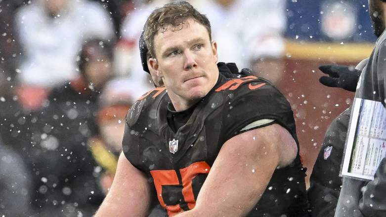 CLEVELAND, OHIO - DECEMBER 07: Ethan Pocic #55 of the Cleveland Browns is carted of the field during the fourth quarter against the Tennessee Titans at Huntington Bank Field on December 07, 2025 in Cleveland, Ohio. (Photo by Nick Cammett/Getty Images)
