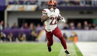MINNEAPOLIS, MINNESOTA - DECEMBER 7: Jacory Croskey-Merritt #22 of the Washington Commanders runs with the ball during an NFL football game against the Minnesota Vikings at U.S. Bank Stadium on December 07, 2025 in Minneapolis, Minnesota. (Photo by Michael Owens/Getty Images)