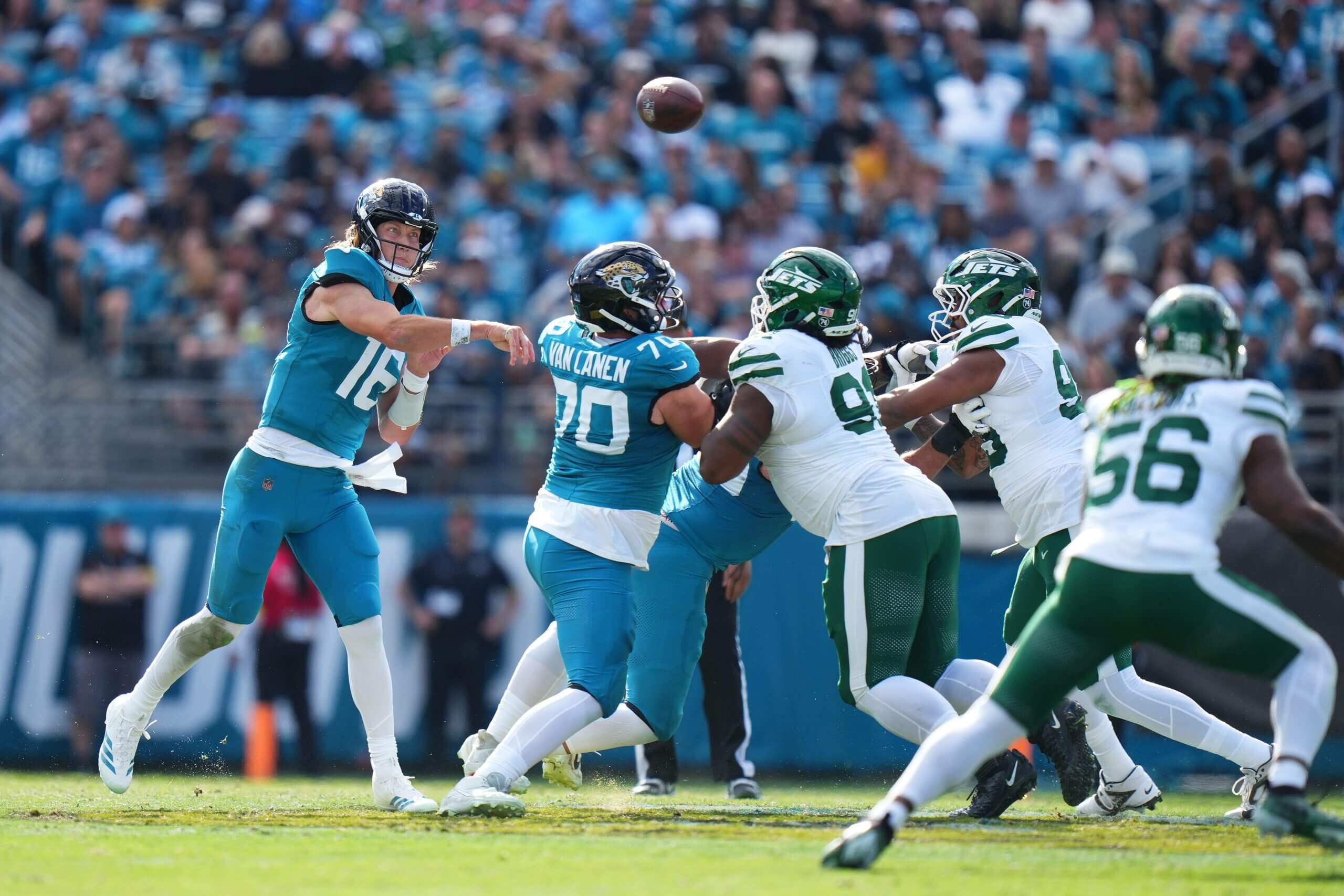 Trevor Lawrence #16 of the Jacksonville Jaguars passes the ball against the New York Jets during the second quarter at EverBank Stadium on Dec. 14.