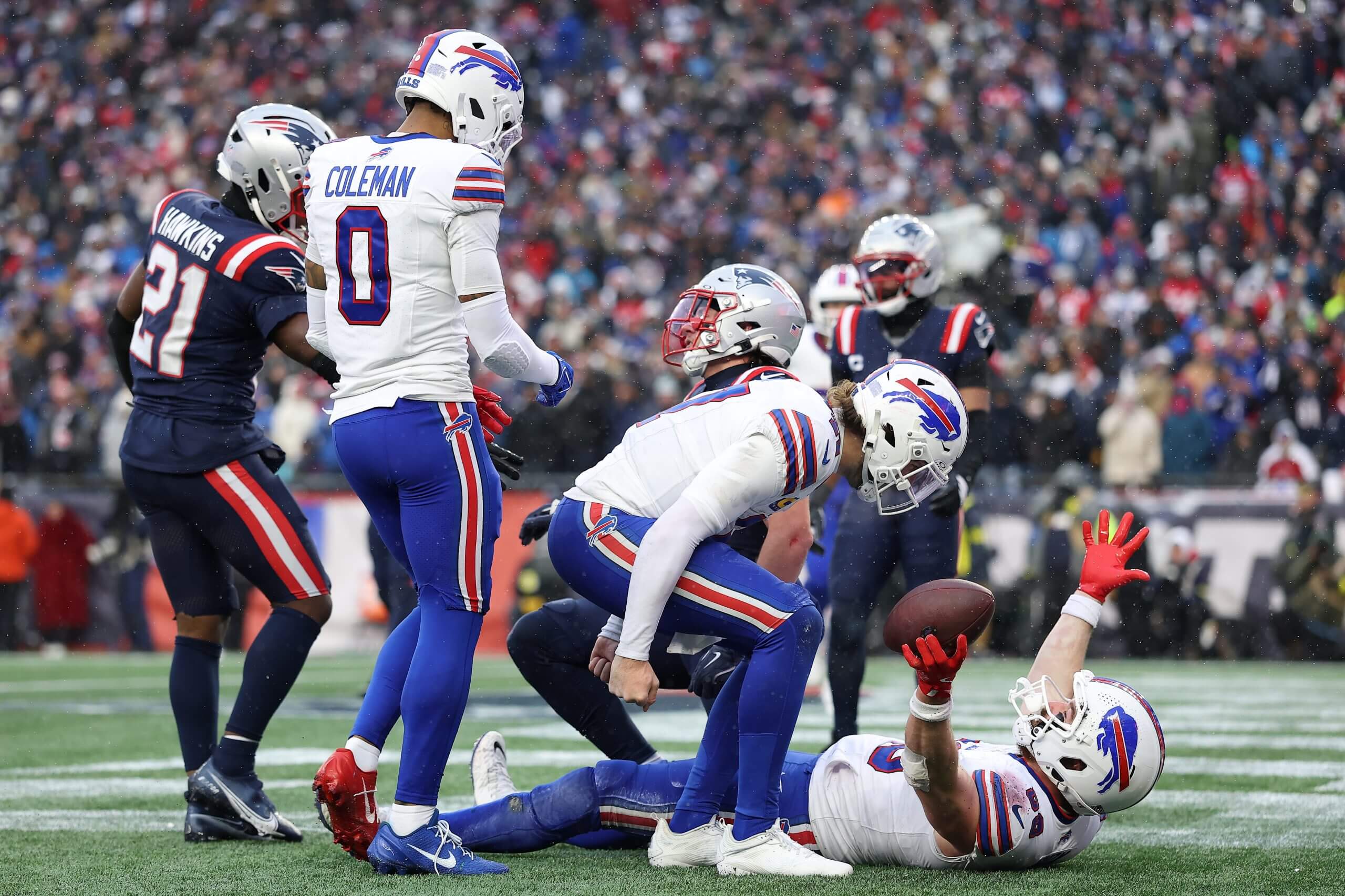 The Bills celebrate a touchdown in a win against the Patriots.