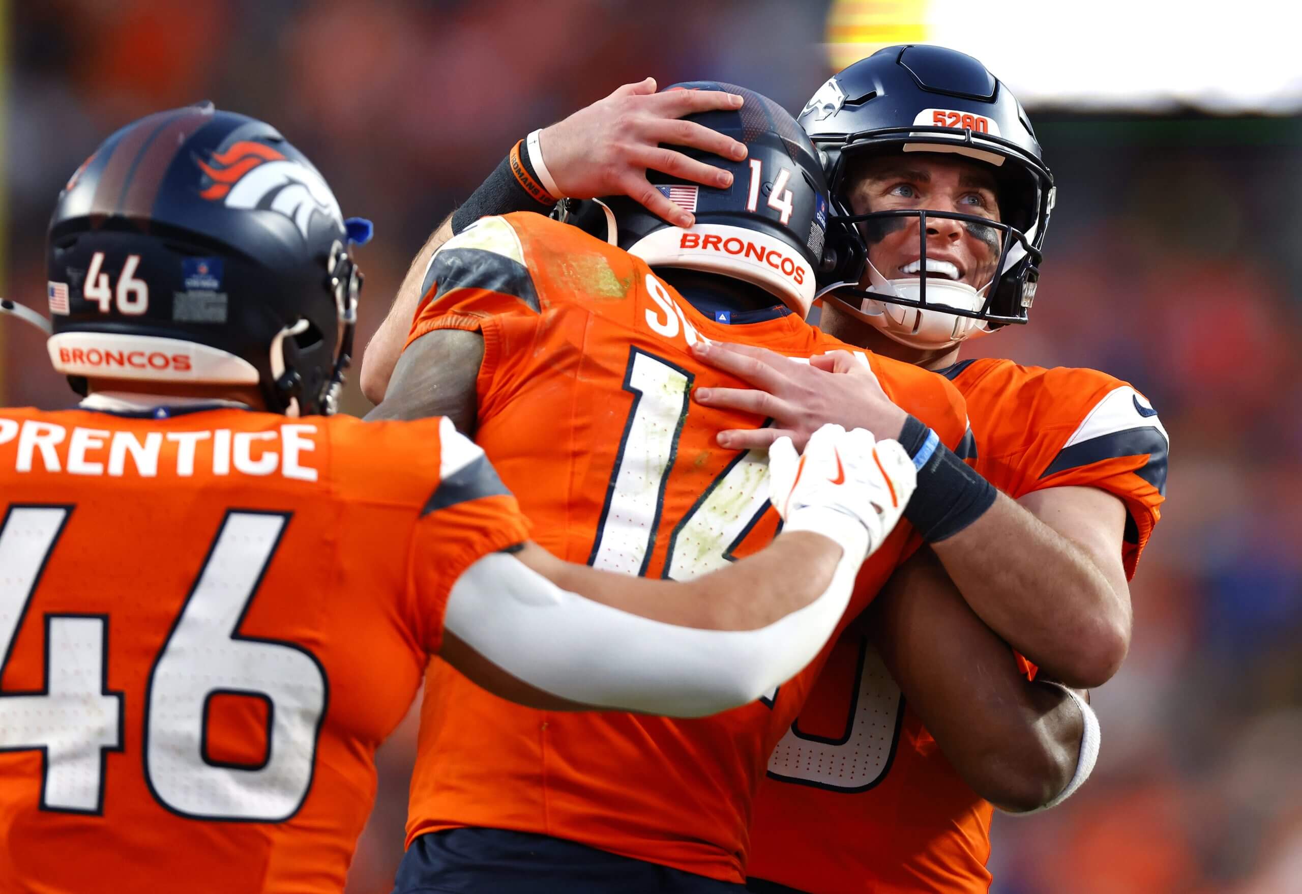 Denver Broncos quarterback Bo Nix celebrates after throwing a touchdown pass to Courtland Sutton.