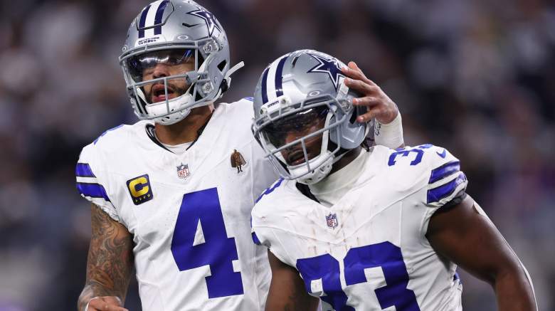 ARLINGTON, TEXAS - DECEMBER 14: Javonte Williams #33 of the Dallas Cowboys celebrates with Dak Prescott #4 after his rushing touchdown against the Minnesota Vikings during the first quarter at AT&T Stadium on December 14, 2025 in Arlington, Texas. (Photo by Sam Hodde/Getty Images)