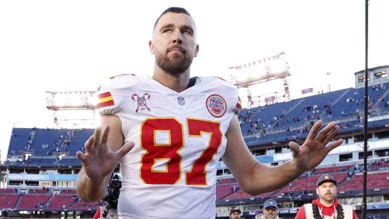 Travis Kelce reacts during an NFL game.