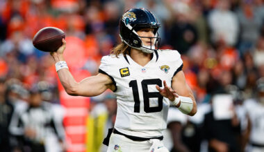 DENVER, CO - DECEMBER 21: Trevor Lawrence #16 of the Jacksonville Jaguars looks to pass during the third quarter against the Denver Broncos at Empower Field at Mile High on December 21, 2025 in Denver, Colorado. (Photo by Justin Edmonds/Getty Images)
