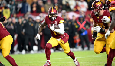 LANDOVER, MARYLAND - DECEMBER 20: Deebo Samuel #1 of the Washington Commanders runs with the ball after making a catch against the at Northwest Stadium on December 20, 2025 in Landover, Maryland. (Photo by G Fiume/Getty Images)