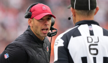 Head coach Jonathan Gannon of the Arizona Cardinals looks on during the second quarter against the ...