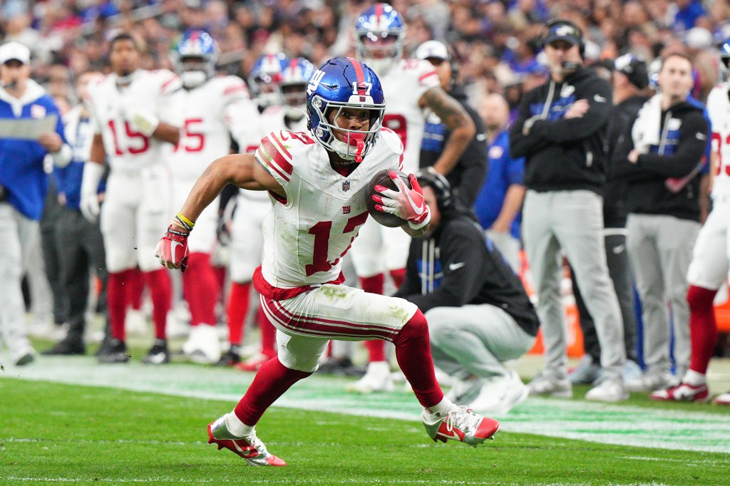 Wan'Dale Robinson #17 of the New York Giants rushes for yards during the second quarter of the game against the Las Vegas Raiders at Allegiant Stadium on December 28, 2025 in Las Vegas, Nevada. 