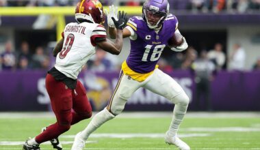 Justin Jefferson #18 of the Minnesota Vikings runs with the ball against Mike Sainristil #0 of the Washington Commanders during the third quarter at U.S. Bank Stadium on December 07, 2025 in Minneapolis, Minnesota.