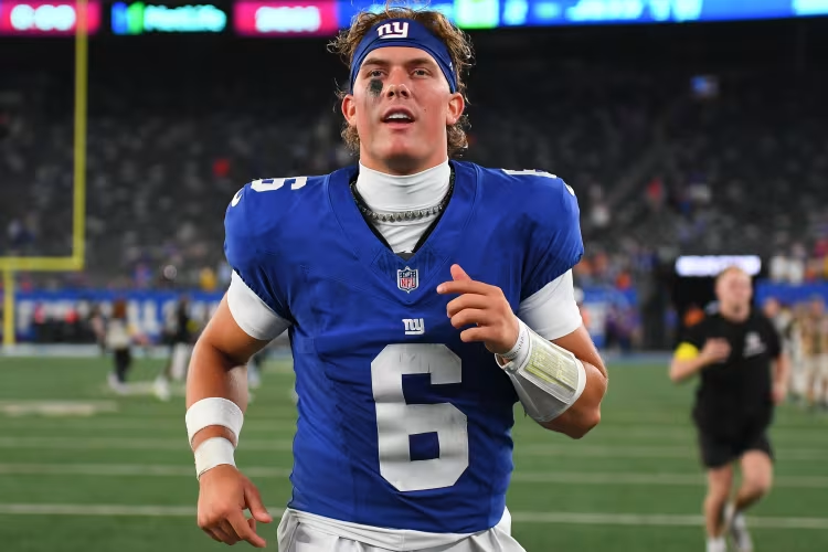 Aug 16, 2025; East Rutherford, New Jersey, USA; New York Giants quarterback Jaxson Dart (6) leaves the field following a game against the New York Jets at MetLife Stadium.
