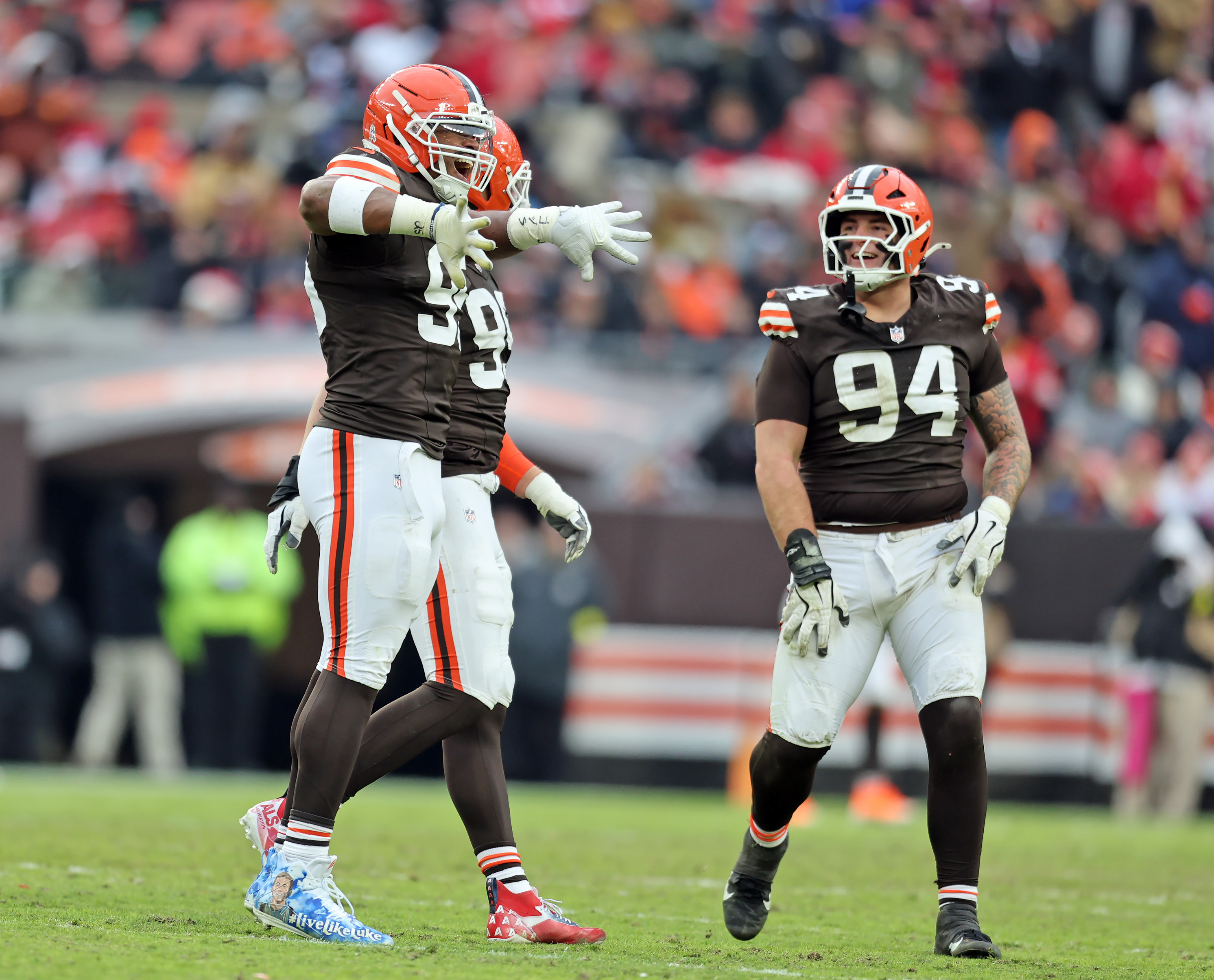 Cleveland Browns defensive end Myles Garrett reacts after sacking San Francisco 49ers quarterback Brock Purdy in the second half of play. 