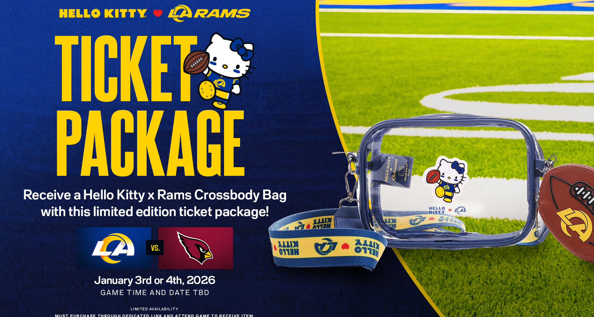 Graphic highlighting the ticket package for the Hello Kitty X LA Rams collaboration