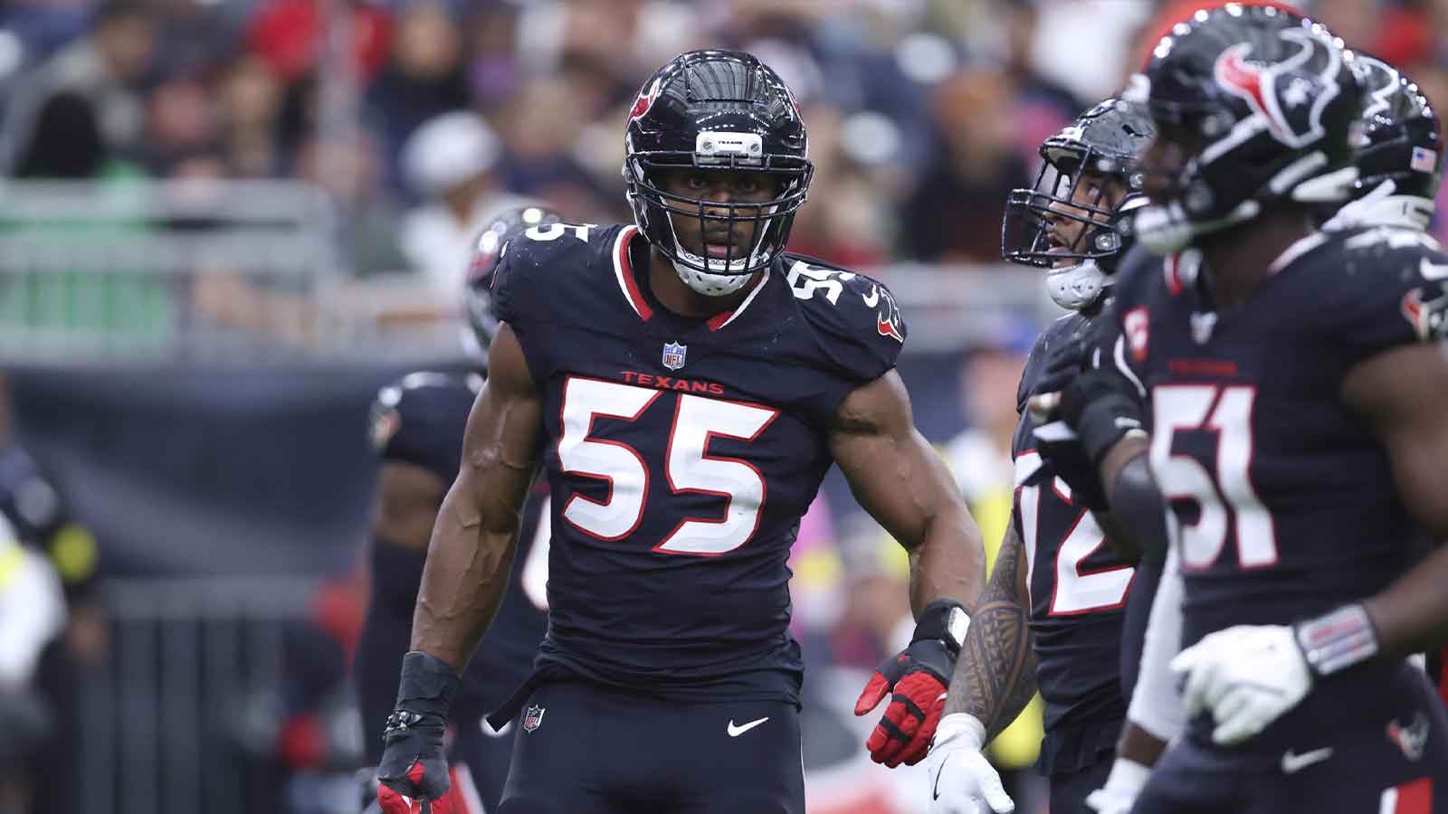 Houston Texans defensive end Danielle Hunter (55) looks towards the sideline during the game