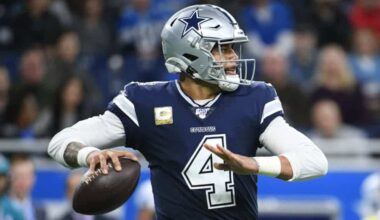 1. Dallas Cowboys quarterback Dak Prescott in action during an NFL game, wearing team uniform and helmet, holding football ready to throw, on the field with blurred fans in background.