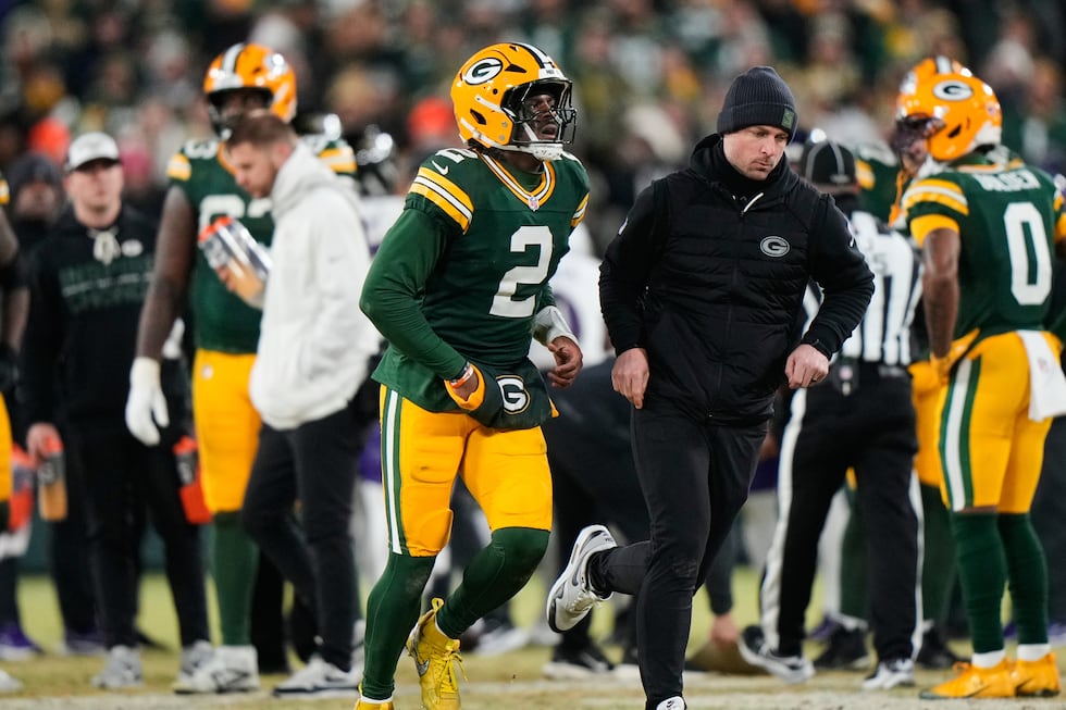 Green Bay Packers quarterback Malik Willis (2) leaves the field after an apparent injury...