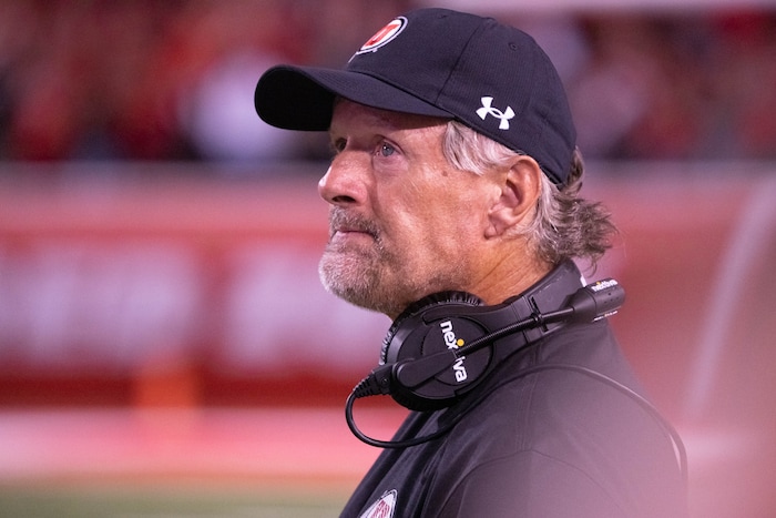 (Francisco Kjolseth | The Salt Lake Tribune) Utah coach Kyle Whittingham becomes emotional as he watches a tribute on the big screen to his former running back Ty Jordan during Utah’s game against the Weber State Wildcats in Salt Lake City on Thursday, Sept. 2, 2021.