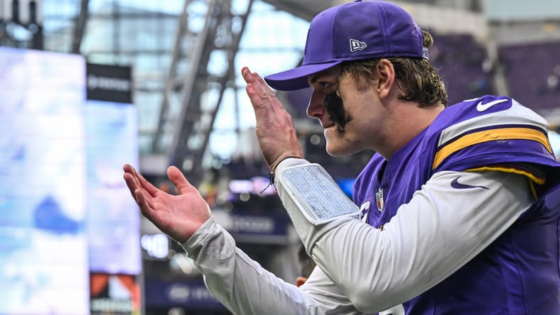 J.J. McCarthy reacts during the fourth quarter at U.S. Bank Stadium.