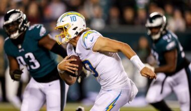 Los Angeles Chargers quarterback Justin Herbert will face the Eagles with a broken hand.