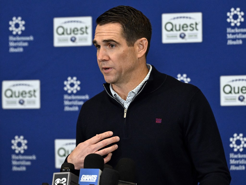Giants general manager Joe Schoen talks with the media during a press conference on Dec. 2, 2025.