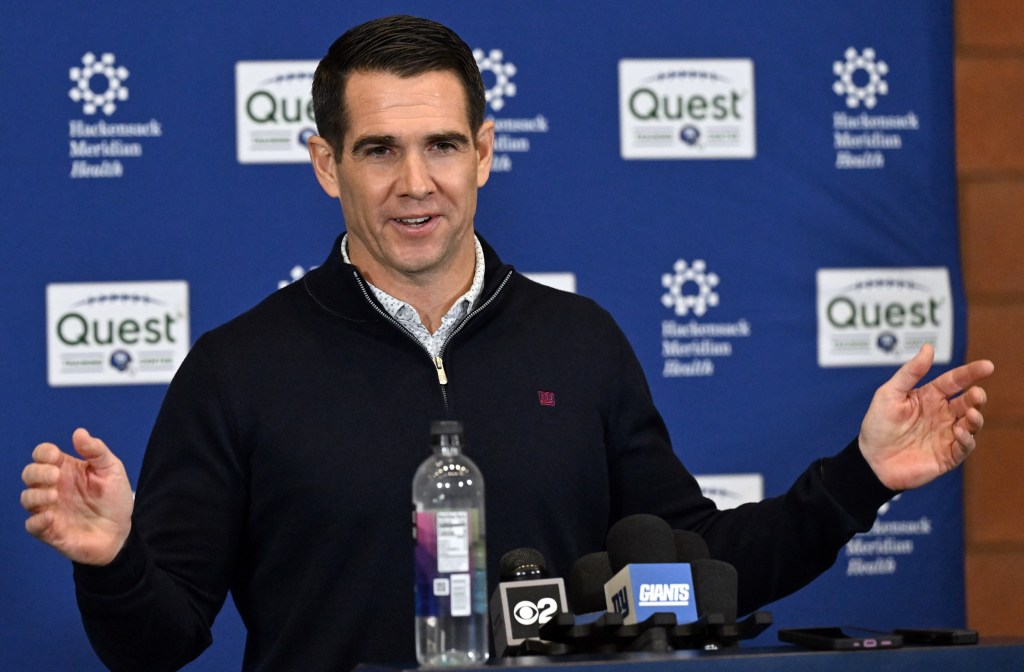 Giants general manager Joe Schoen talks with the media during a press conference on Dec. 2, 2025.