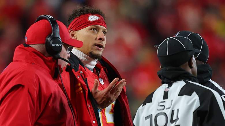 Patrick Mahomes #15 of the Kansas City Chiefs speaks with an official during the third quarter against the Houston Texans at Arrowhead Stadium on December 07, 2025 in Kansas City, Missouri