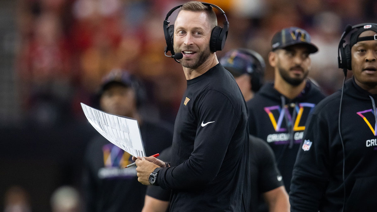 Sep 29, 2024; Glendale, Arizona, USA; Washington Commanders offensive coordinator Kliff Kingsbury against the Arizona Cardinals in the second half at State Farm Stadium.