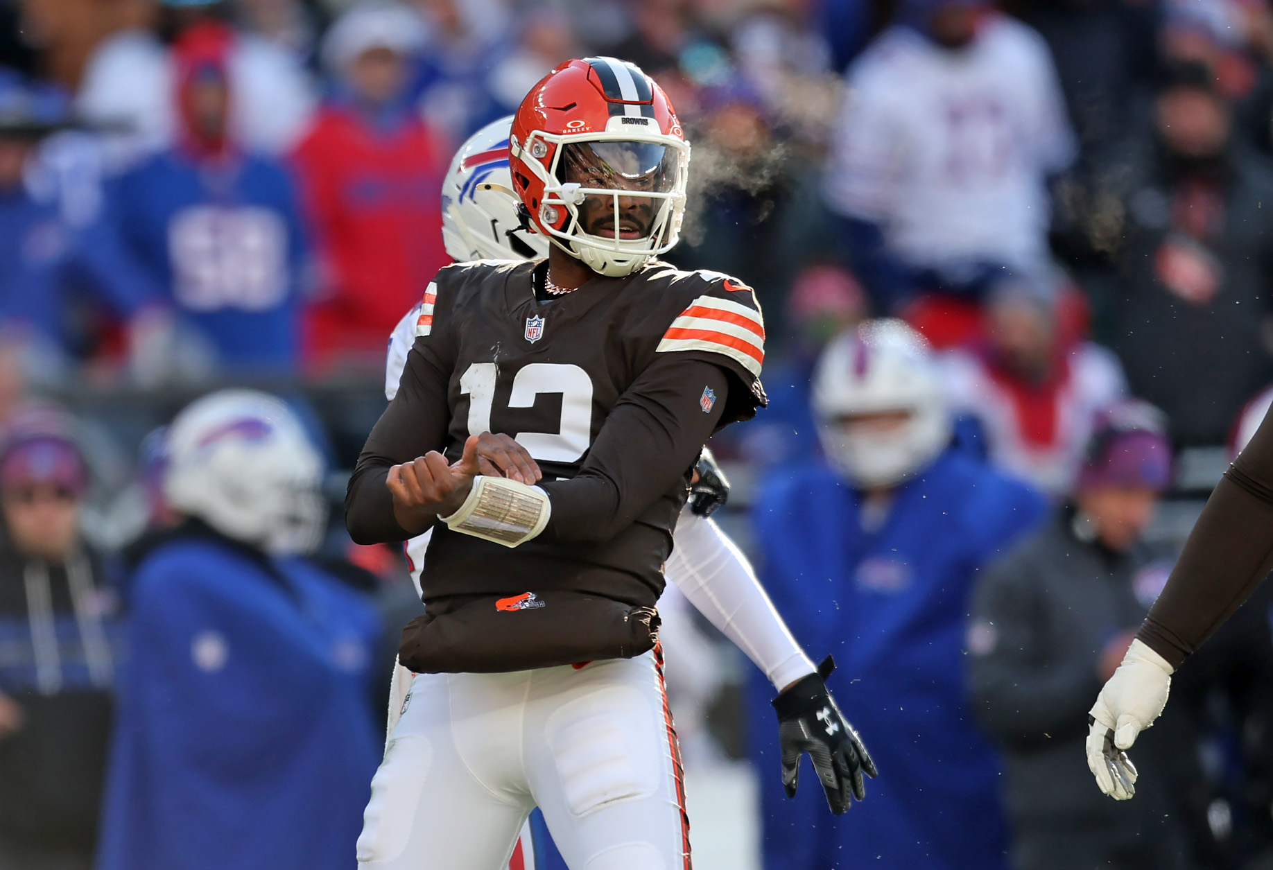 Cleveland Browns quarterback Shedeur Sanders reacts after scrambling for a first down against the Buffalo Bills in the first half. 
