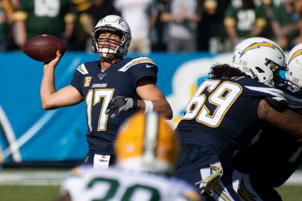 Los Angeles Chargers quarterback Philip Rivers looks to pass against the Green Bay Packers during the first half of their NFL football game at Dignity Health Sports Park in Carson on Sunday, Nov. 3, 2019. The Chargers defeated the Packers 26-11. (Photo by Kevin Sullivan, Orange County Register/SCNG)