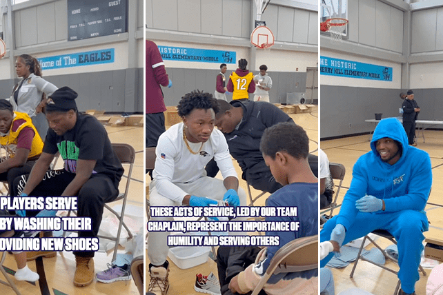 Lamar Jackson, Ravens Teammates Wash Students’ Feet, Provide New Shoes