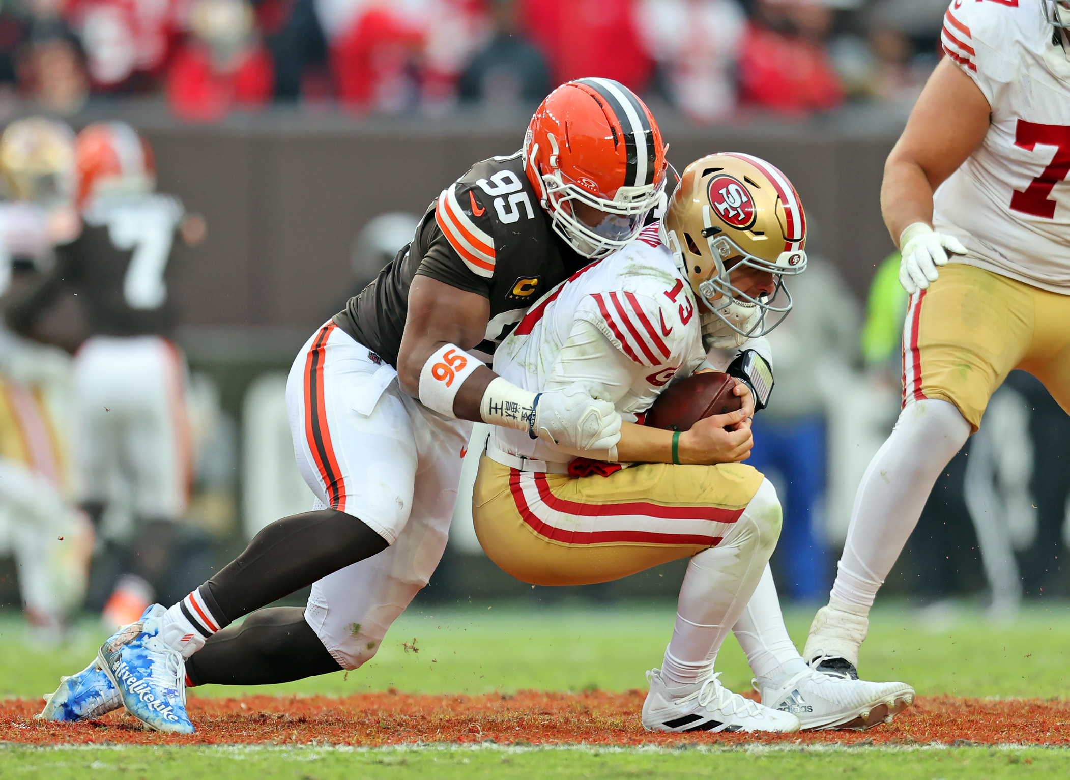 Cleveland Browns defensive end Myles Garrett sacks San Francisco 49ers quarterback Brock Purdy in the second half of play. 
