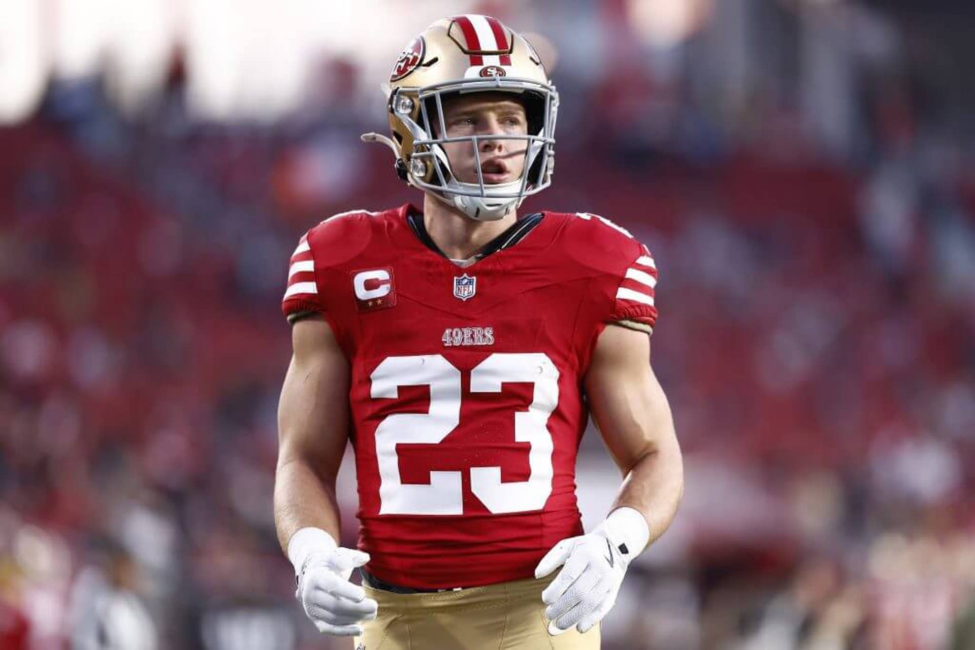 San Francisco 49ers running back Christian McCaffrey practices before the game against the Carolina Panthers.