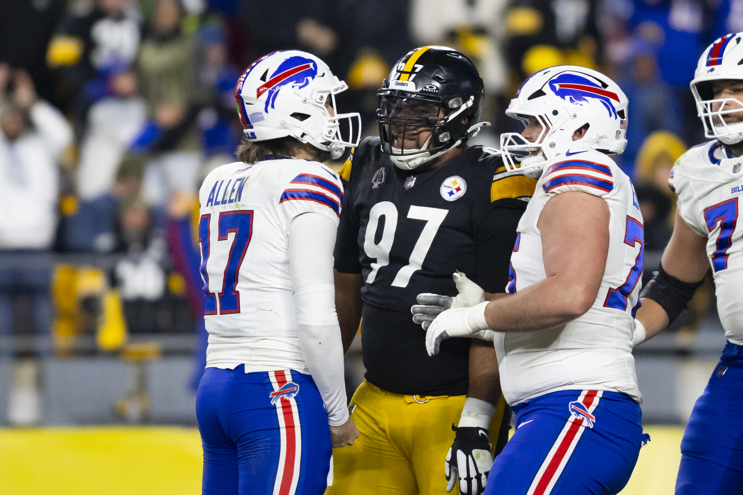 Pittsburgh Steelers defensive tackle Cameron Heyward (97) & Buffalo Bills quarterback Josh Allen (17) in-game. Pittsburgh Steelers vs. Buffalo BillsKylee Surike | Special to PennLive
