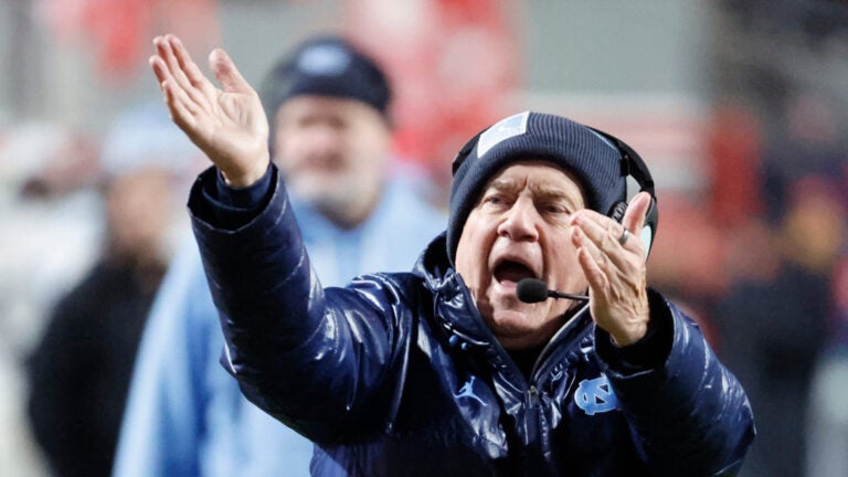 North Carolina head coach Bill Belichick protests a call during the second half of an NCAA college football game against North Carolina State in Raleigh, N.C., Saturday, Nov. 29, 2025.