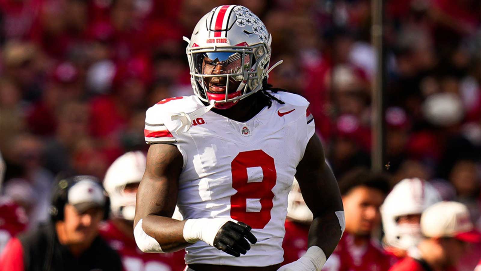 Ohio State Buckeyes linebacker Arvell Reese (8) reacts during the game against the Wisconsin Badgers at Camp Randall Stadium on Saturday, Oct. 18, 2025 in Madison, Wisconsin.