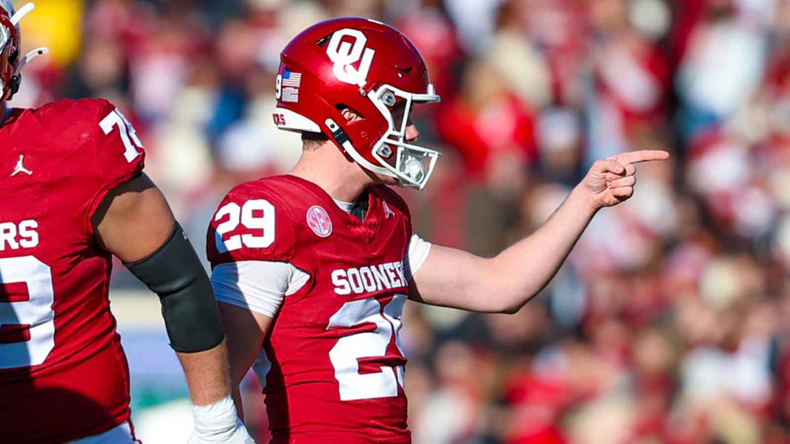 Oklahoma Sooners kicker Tate Sandell (29) reacts after making a field goal during the first half against the Louisiana State Tigers at Gaylord Family-Oklahoma Memorial Stadium.