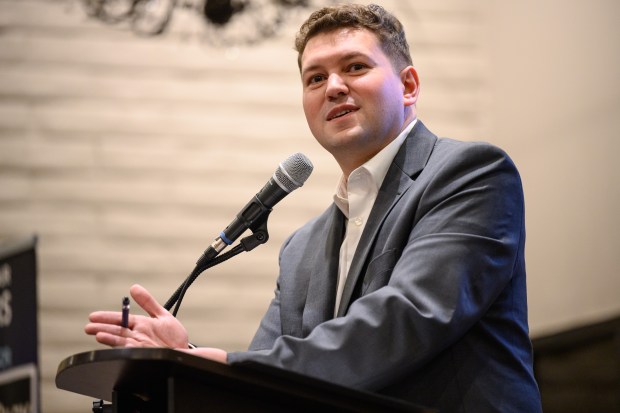 Portage Indiana Mayor Austin Bonta speaks during his State of the City address at Woodland Park, Nov. 19, 2025. (Kyle Telechan/for the Post-Tribune)