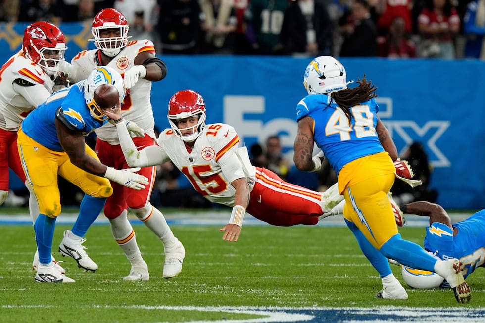 Kansas City Chiefs quarterback Patrick Mahomes passes against the Los Angeles Chargers during...