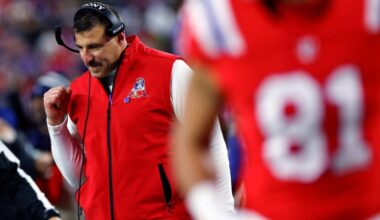 New England Patriots head coach Mike Vrabel reacts after wide receiver Kyle Williams (not pictured) scores a touchdown during the second quarter. The New England Patriots played the New York Giants at Gillette Stadium on December 1, 2025.