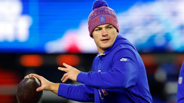 New England Patriots quarterback Drake Maye (10) throws during warmups. The New England Patriots played the New York Giants at Gillette Stadium on December 1, 2025.