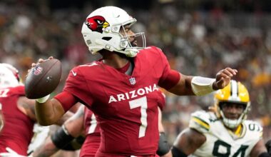 Arizona Cardinals' Jacoby Brissett throws during the first half of an NFL football game against the...