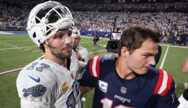 Buffalo Bills quarterback Josh Allen, left, and New England Patriots quarterback Drake Maye, right, greet at midfield after their NFL football game, Sunday, Sept. 5, 2025, in Orchard Park, N.Y.