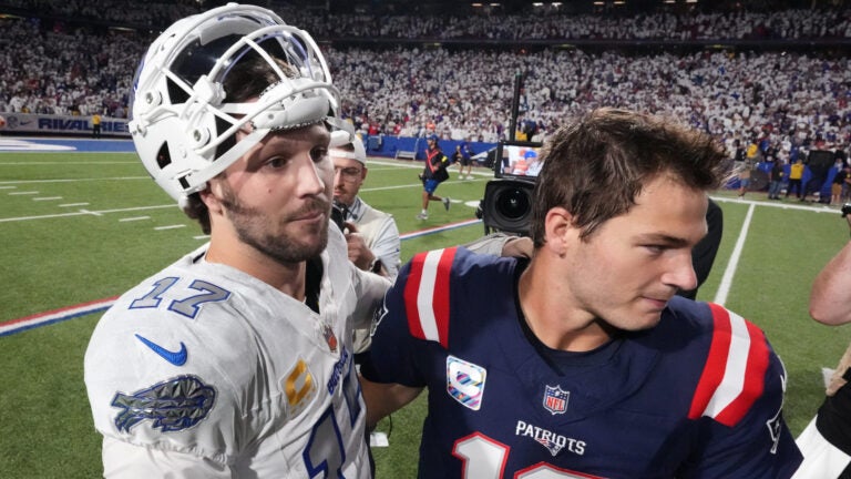 Buffalo Bills quarterback Josh Allen, left, and New England Patriots quarterback Drake Maye, right, greet at midfield after their NFL football game, Sunday, Sept. 5, 2025, in Orchard Park, N.Y.