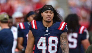 New England Patriots linebacker Jahlani Tavai (48) walks the sideline during an NFL football game against the Tampa Bay Buccaneers, Sunday, Nov. 9, 2025, in Tampa, Fla. Patriots defeated the Buccaneers 28-23.