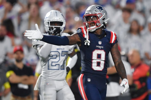 New England Patriots wide receiver Stefon Diggs gestures during the second half of an NFL game against the Buffalo Bills in Orchard Park, N.Y., last Sunday. (AP Photo/Adrian Kraus)