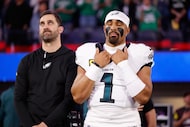 Philadelphia Eagles quarterback Jalen Hurts (1) and Philadelphia Eagles head coach Nick...